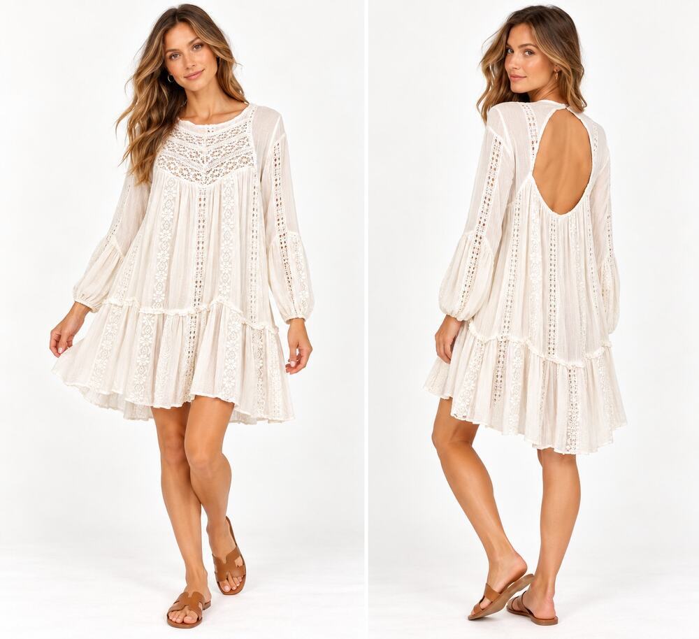 Free People Ivory Lace Crochet Mini Dress Open Back Swing Boho Romantic S